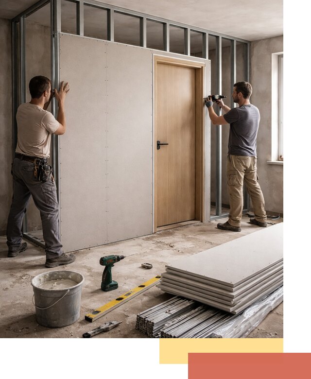 Перегородка из гипсокартона с дверью под ключ в Югорске