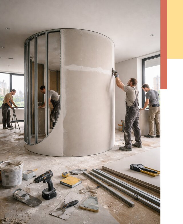 Радиусная перегородка из гипсокартона в Югорске от 2961 руб. под ключ | ОТДЕЛОЧНИК-Югр