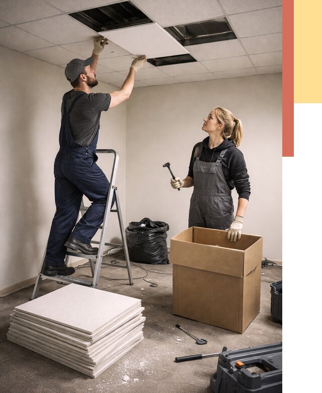 Демонтаж потолочной плитки в Югорске от 4595 руб. быстро и недорого | ОТДЕЛОЧНИК-Югр