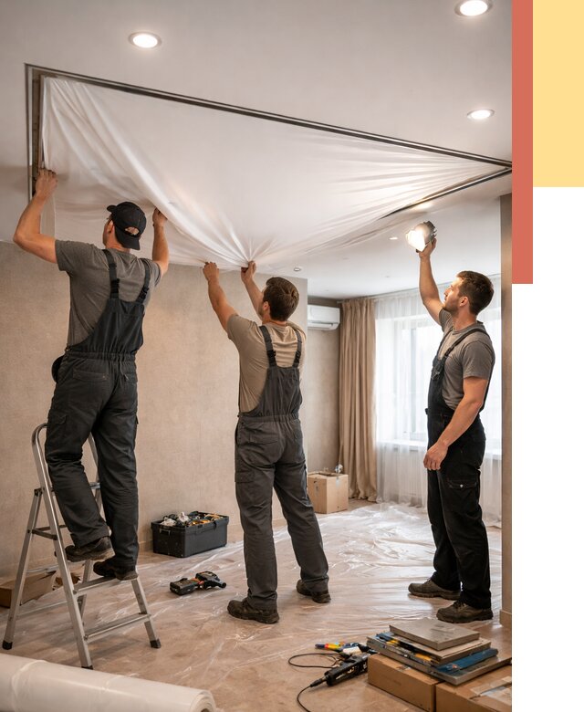 Монтаж ПВХ натяжного потолка в Югорске от 3574 руб. под ключ | ОТДЕЛОЧНИК-Югр