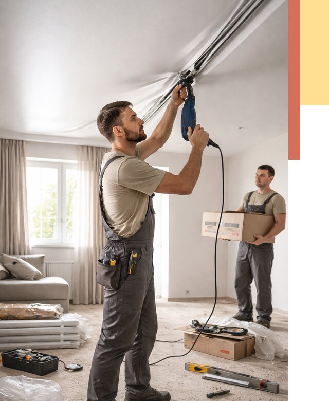 Монтаж сатинового натяжного потолка в Югорске от 3574 руб. | Быстро, недорого — ОТДЕЛОЧНИК-Югр