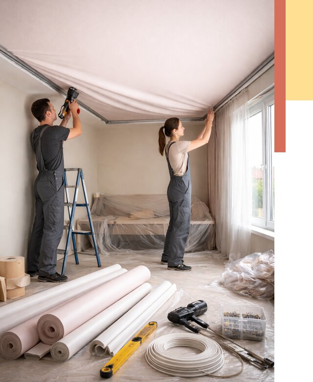 Монтаж цветного натяжного потолка в Югорске от 4289 руб/м² — быстро и недорого | ОТДЕЛОЧНИК-Югр