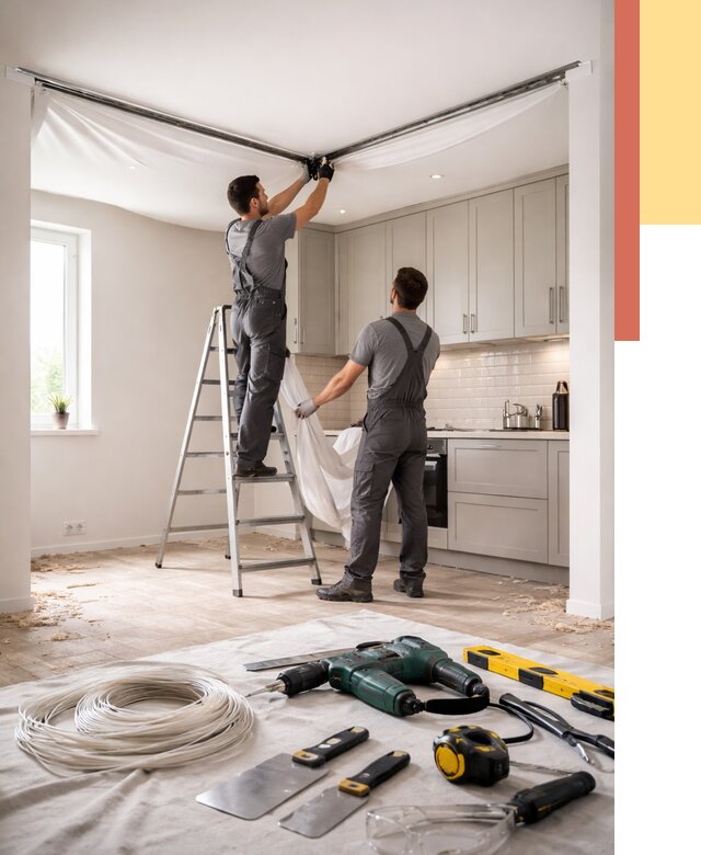 Установка натяжного потолка на кухне в Югорске от 2451 руб. | ОТДЕЛОЧНИК-Югр