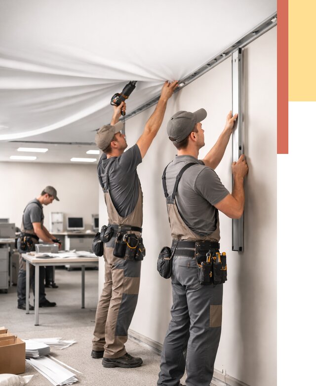 Монтаж натяжного потолка в офисе в Югорске от 459 руб/м² — быстро и недорого | ОТДЕЛОЧНИК-Югр