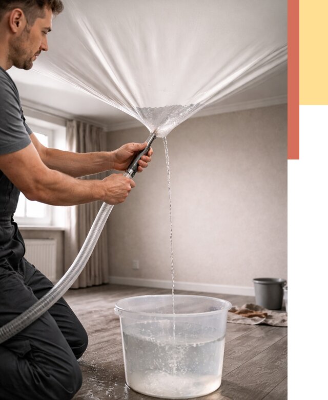 Слив воды с натяжного потолка в Югорске от 2553 руб. быстро и недорого | ОТДЕЛОЧНИК-Югр